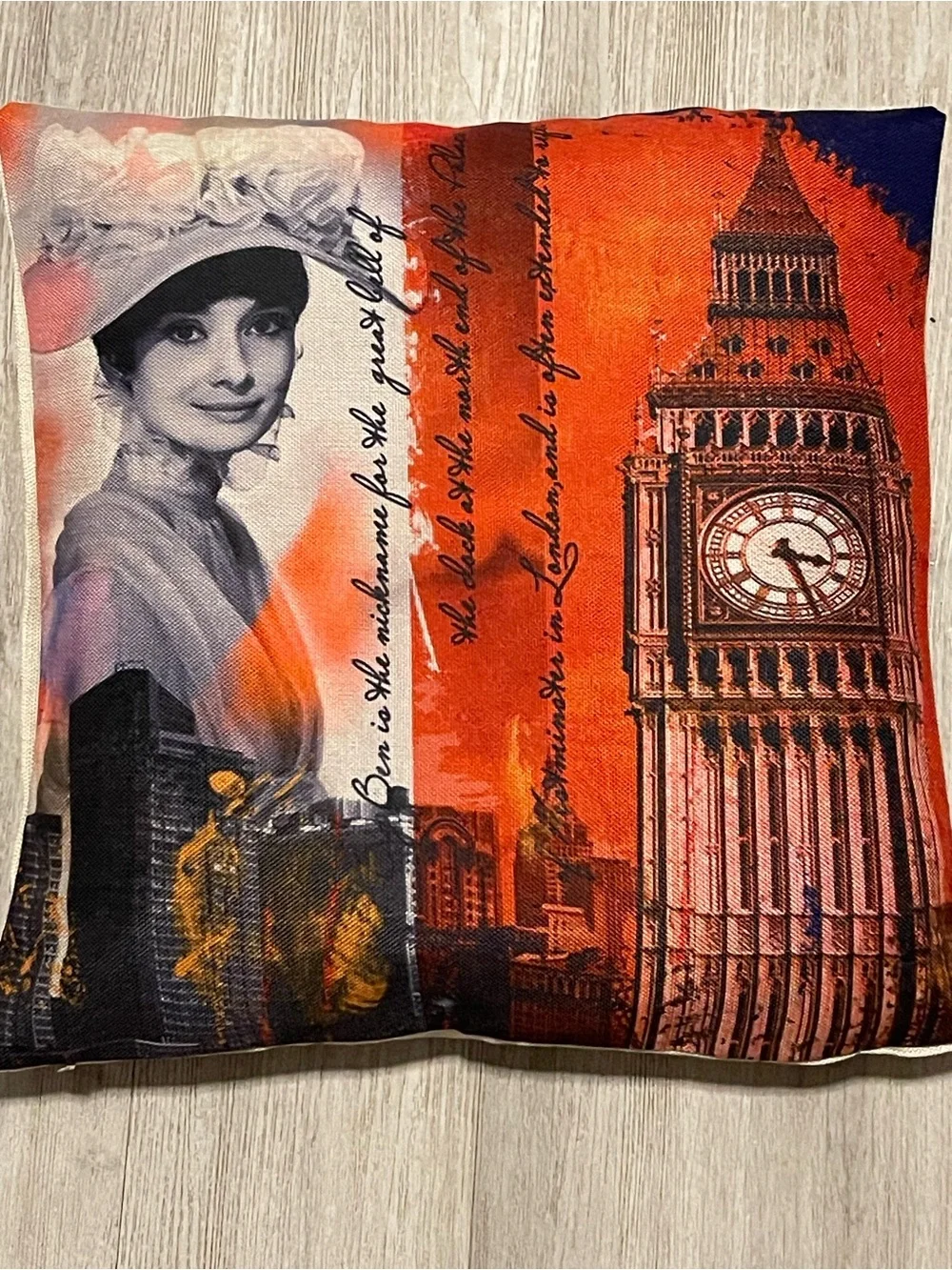 London Landmark Orange Accent Pillow with Vintage Portrait